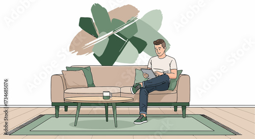 Man sitting on couch using tablet in living room interior with abstract wall art vector art style