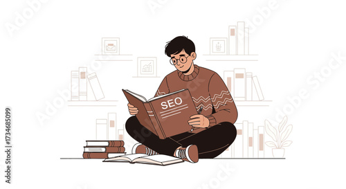 Man studying SEO with books and minimalist background illustrating online learning