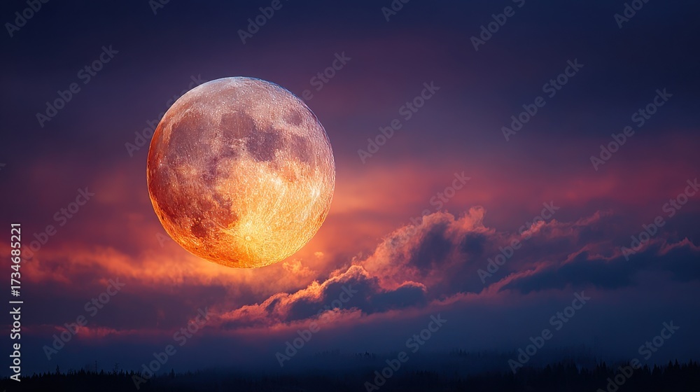 Obraz premium Dramatic Full Moon Rising Over Cloudy Landscape at Sunset