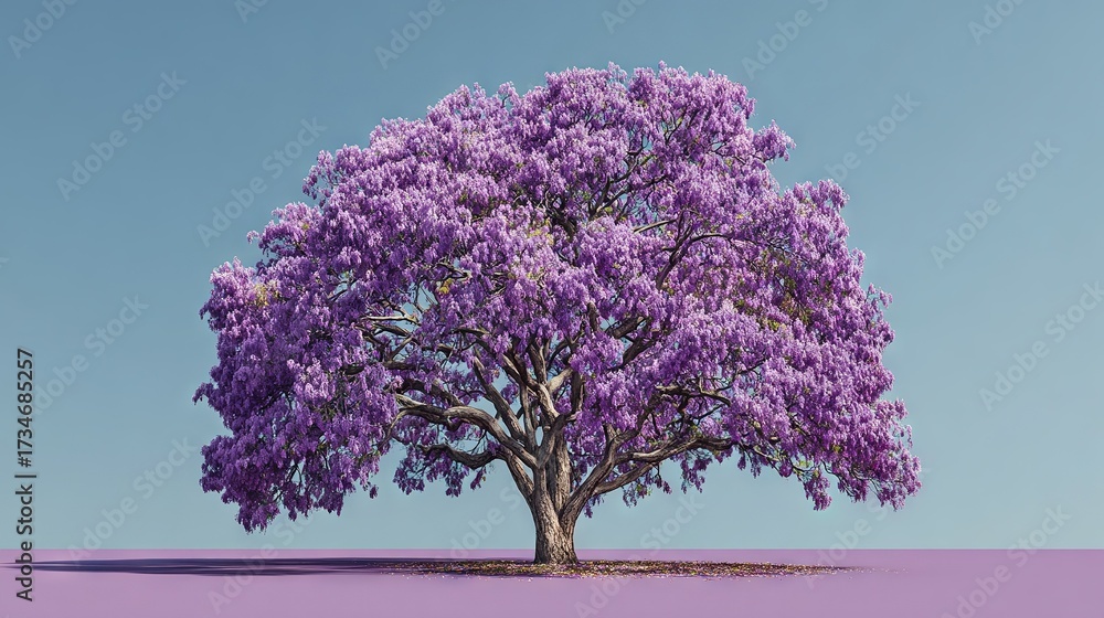 Obraz premium A purple tree stands tall in the midst of a lush purple field, its branches reaching towards the endless blue sky above