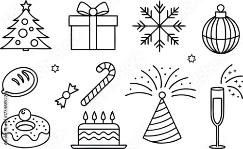 Black and white Christmas vector icon set with holiday gift boxes, Santa hats, celebration food, and decoration drawing symbols