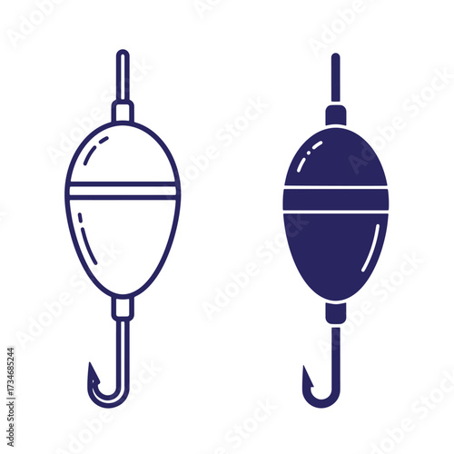 Vector illustration of two fishing bobber icons in blue, showcasing outline and filled styles