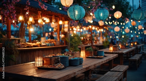 Elegant Outdoor Dining with Lanterns and Floral Decorations at Night
