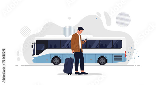 Modern illustration of a traveler waiting at a bus stop using mobile and carrying luggage