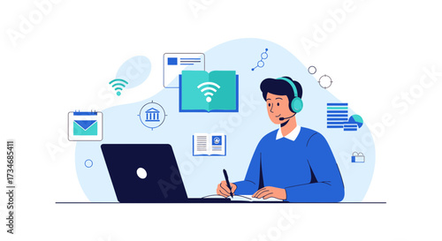 Online learning and business meeting concept illustration with a person working from home and icons