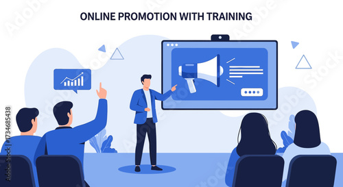 Online promotion and training session presentation for company growth strategy illustration