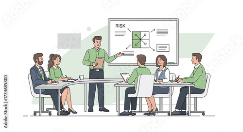 Professional business team discussing risk assessment in a strategic meeting with a whiteboard