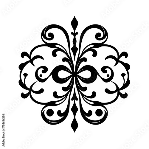 Ornate black flourish design with symmetrical swirls, curves, and decorative elements on a white background.