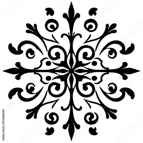 Symmetrical black floral pattern with swirls and pointed elements, centered on a white background.