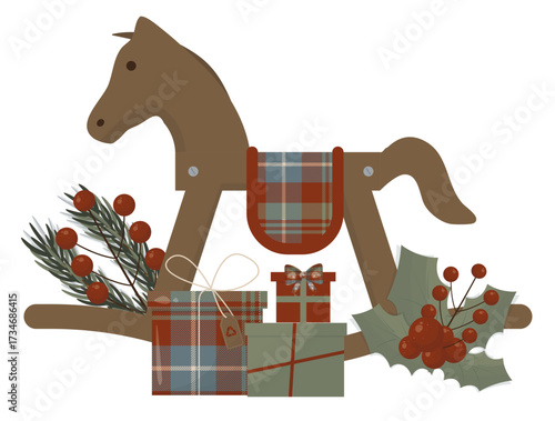 Vintage Rocking Horse Christmas Decoration. Rustic Christmas with wooden rocking horse, plaid wrapped on transparent background. Ethical christmas concept. Woodent toys for gift. Vector illustration
