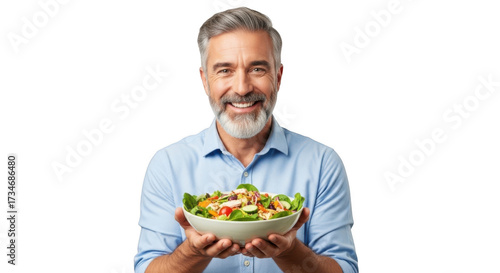 Smiling mature man holding a fresh healthy salad bowl full of nutrients and goodness