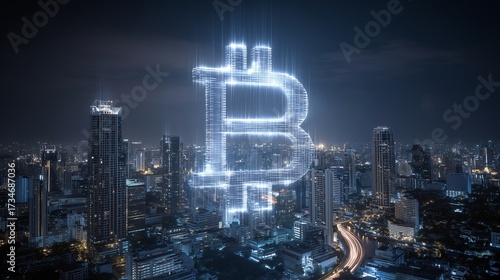 Glowing Bitcoin symbol hovers over modern city skyline at night, symbolizing integration of cryptocurrency in urban environments. scene is futuristic and digital
