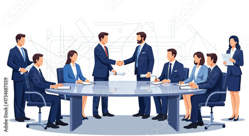 Successful business deal concept illustration, partners shaking hands during a meeting with