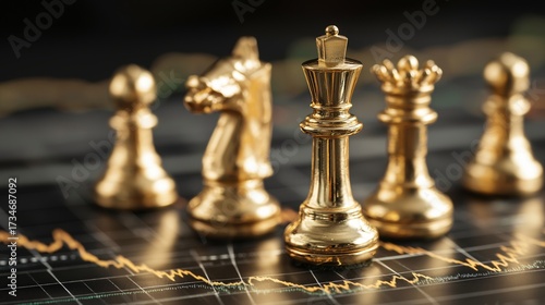 Golden chess pieces on financial graph board symbolize strategic planning and decision making in business. image conveys sense of power and foresight