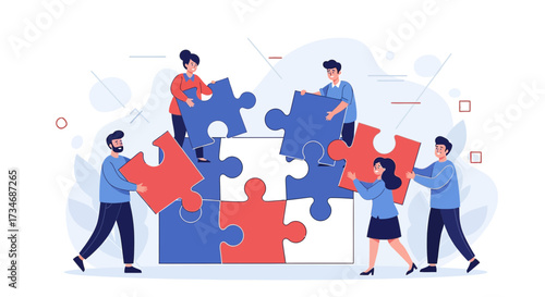 Teamwork and collaboration concept, with people putting puzzle pieces together to achieve a common