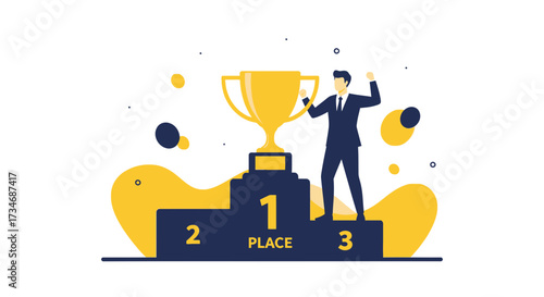 Triumph and Victory: Celebrating Success on the Podium with Golden Trophy and Winner