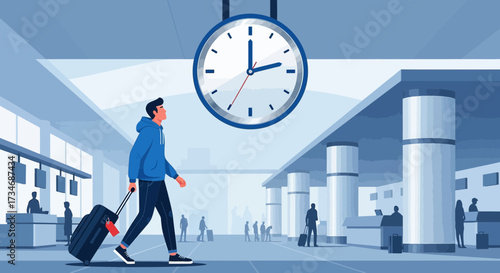 Traveling man checking the time at the airport terminal with luggage illustration