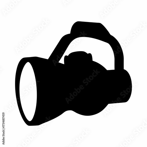 Silhouette of a black handheld flashlight with a handle on white background
