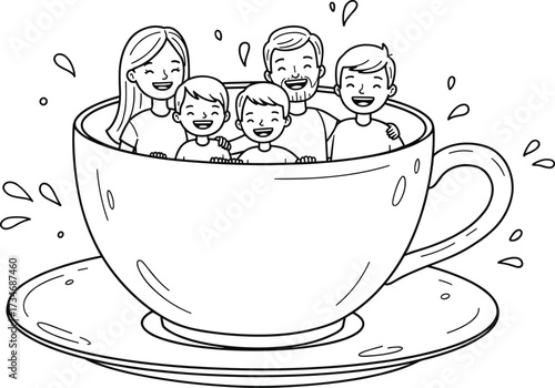 Happy family inside giant teacup, fun cartoon illustration of parents and children sitting together, creative concept of family happiness