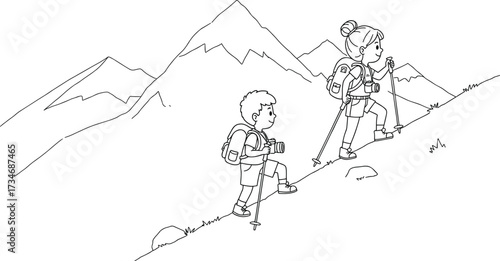Hiking coloring page, kids climbing mountains, outdoor adventure drawing, children with backpacks, trekking poles, mountain landscape, fun nature activity illustration