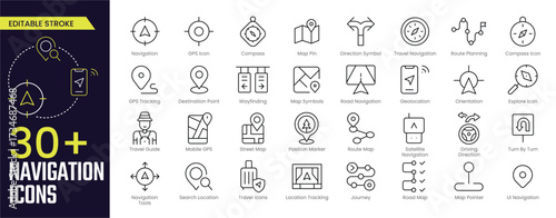 Navigation & GPS Outline Icons | Compass, Map Pin, Route Planner, Geolocation, Street Map, Travel & Orientation Symbols | Editable Stroke Vector Collection