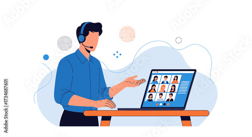 Virtual meeting illustration featuring a man leading a conference call on laptop meeting