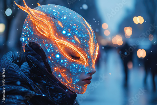 Minimalist Neon Street Scene with Blue Morphsuit Alien Figure