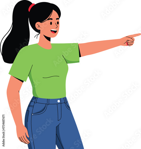 Young woman pointing direction confident gesture casual style cartoon character flat design vector illustration white background