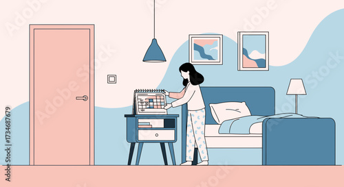 Woman checks her schedule in bedroom, planning and marking important events on calendar