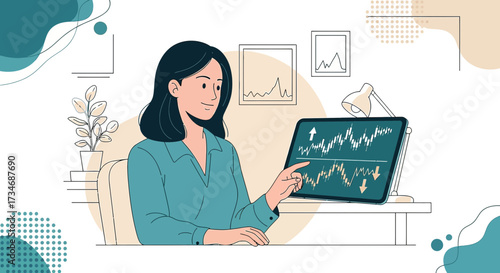 Woman analyzing stock market trends on tablet with upward and downward arrows is a stock