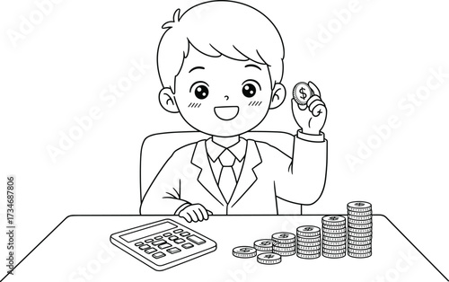 Money coloring page, kid businessman with coins, child learning finance, counting money, calculator drawing, saving coins, financial education activity illustration