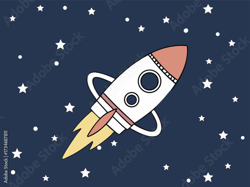 Cartoon rocket ship flying through space with stars