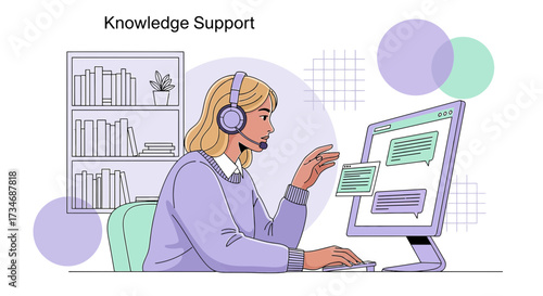 Woman provides customer support, offering knowledge and assistance virtually, illustrating digital