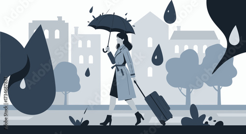Woman with umbrella and suitcase in rainy city, vector illustration for travel concept