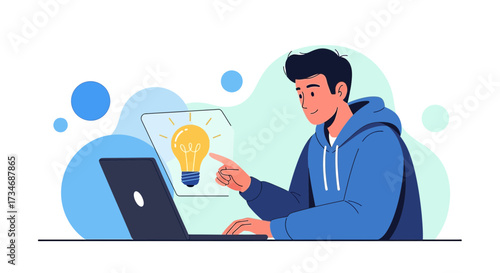 Young man having a creative idea while working on laptop with lightbulb concept