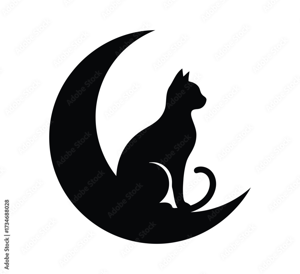 Naklejka premium Silhouette of a cat sitting on a crescent moon