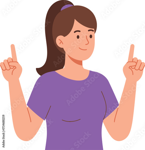 Young woman pointing up with both index fingers smiling confidently flat design vector illustration white background
