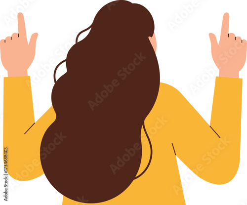 Woman with long dark hair pointing upwards with both index fingers in yellow top flat design vector illustration white background