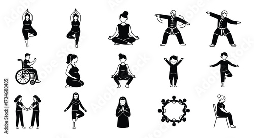 Icon set of vector art of compilation of black and white icons featuring yoga, pregnant women, and individuals in motion
