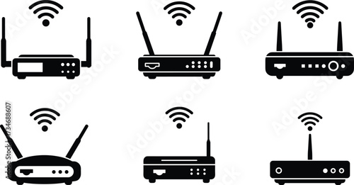 Wireless wifi router icon set, modern internet connection devices with antenna and signal, black and white technology vector illustration