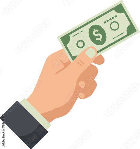 Hand holding dollar bill money symbol finance business transaction payment cash transaction flat design vector illustration white background