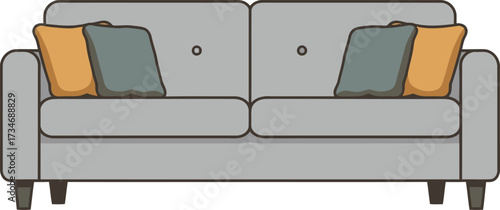 Modern grey sofa with colorful throw pillows furniture home decor isolated graphic element flat design vector illustration white background