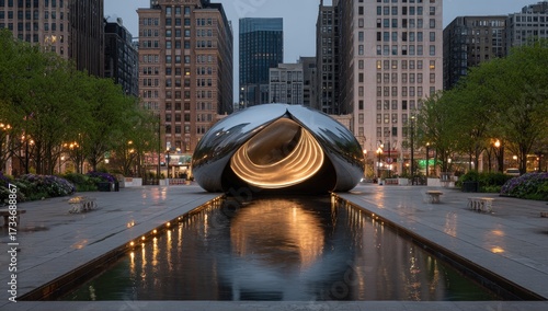 Reflective bean sculpture in city park at twilight