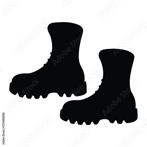 Pair of sturdy black hiking boots or work boots silhouette image
