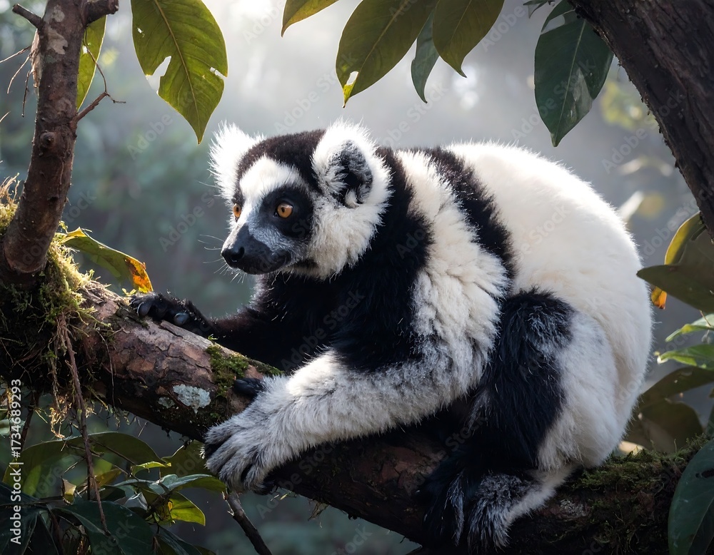 Naklejka premium Black and white lemur on a branch