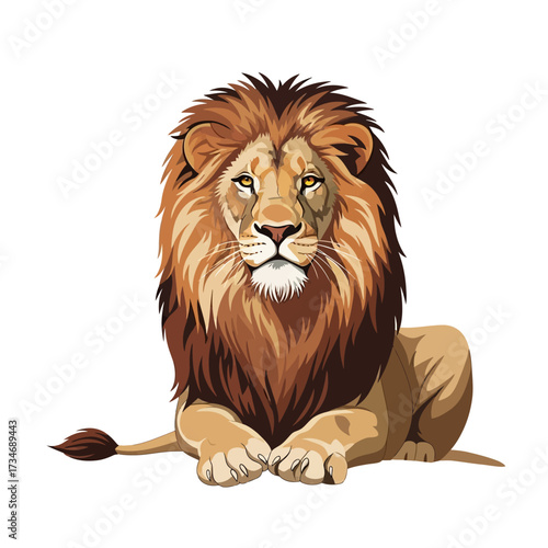 Majestic male lion with a full mane, lying down and looking forward, depicted in a detailed illustration with warm colors.