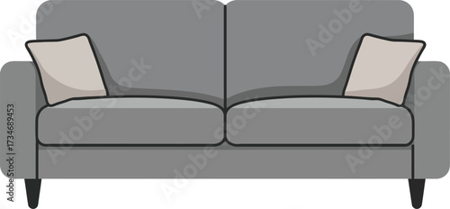 Modern gray two-seater sofa with accent pillows stylish furniture for contemporary living rooms flat design vector illustration white background