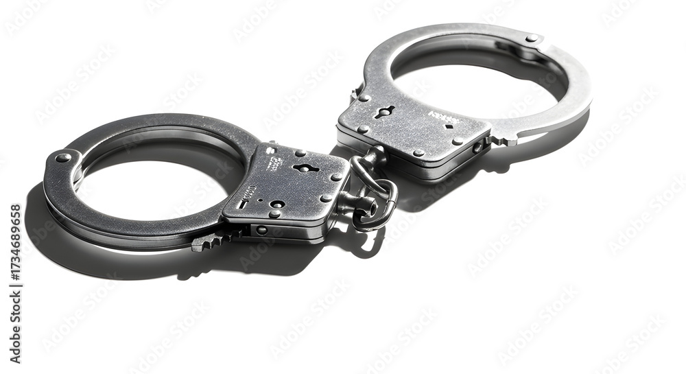 Obraz premium A pair of shiny silver handcuffs, suggesting themes of crime, law, and justice. The image features detail and highlights the design of the object