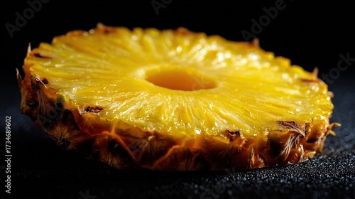   A close-up of a sliced pineapple on a dark surface, with water droplets on the top