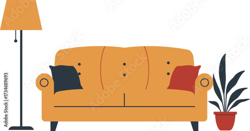 Cozy living room scene with orange sofa floor lamp and potted plant furniture decor flat design vector illustration white background